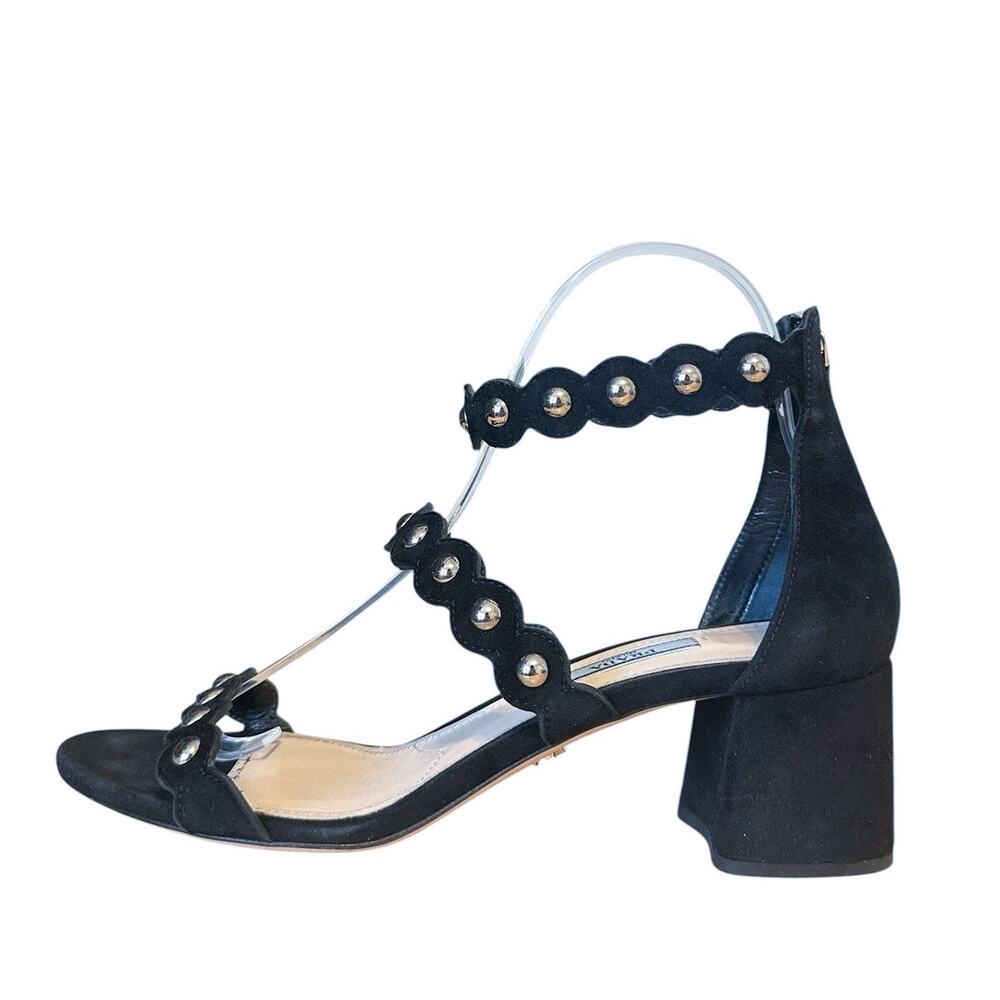 PRADA Black Suede Scalloped Studded Block Heel Sandals 37.5